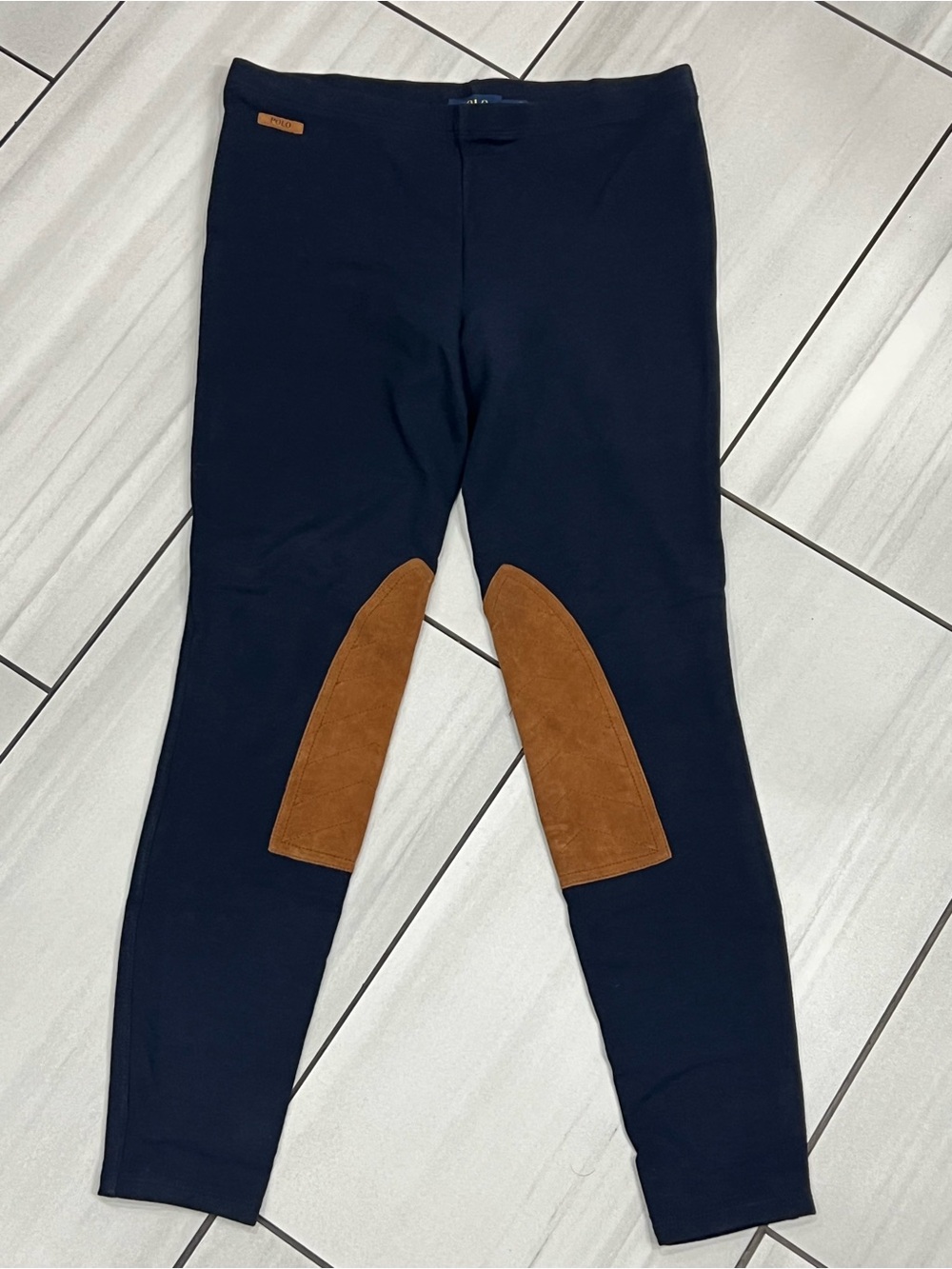 Polo Ralph Lauren Navy Blue Riding Leggings Faux Leather Brown Patches Size Med